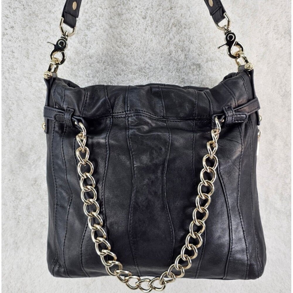 JUNIOR DRAKE Black Lambskin Leather Shoulder Bag with Gold Chain Accent Straps